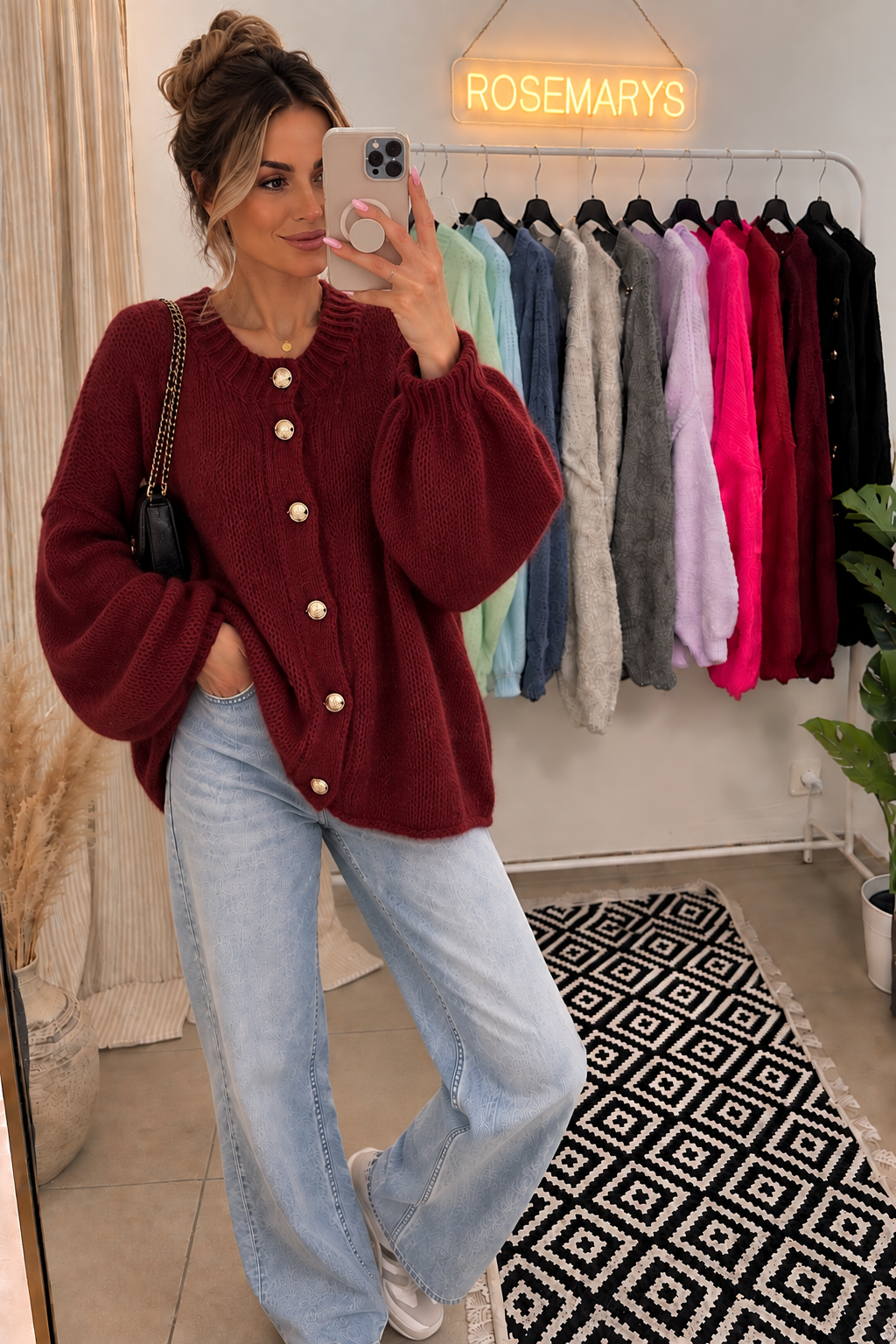 Oversize-Strickcardigan mit goldener Knopfleiste – MIDI SIZE - Passt bis 44/46