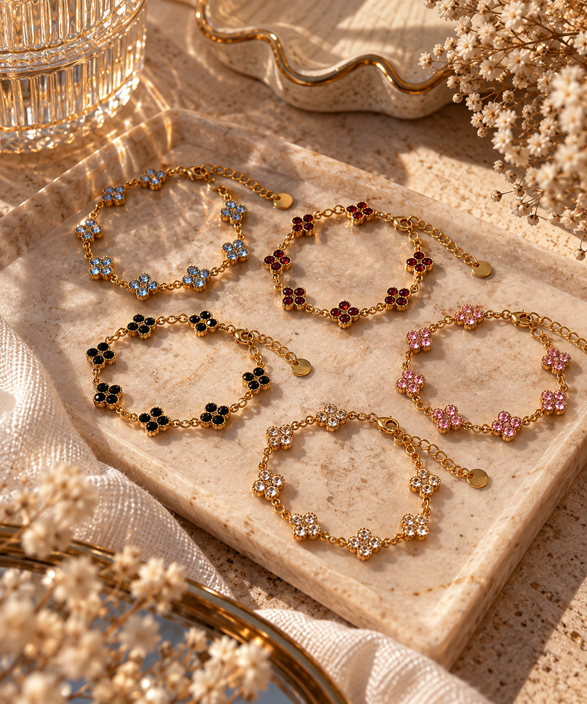 MINI CLOVER Glam Armband - Edelstahl + 18K Vergoldung - mit funkelnden Steinchen - mehrere Farben - wasserfest