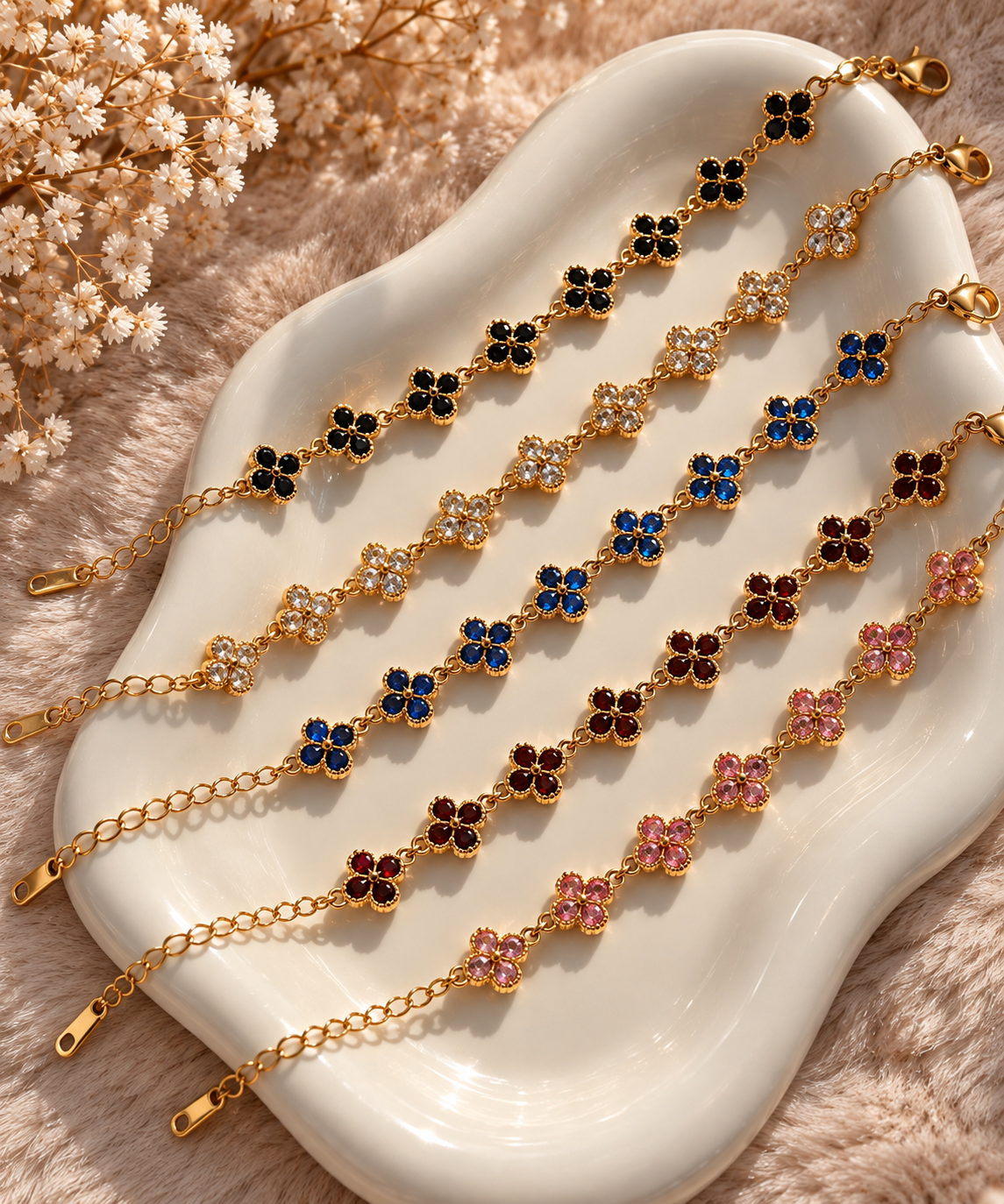 MINI CLOVER Glam Armband - Edelstahl + 18K Vergoldung - mit funkelnden Steinchen - mehrere Farben - wasserfest