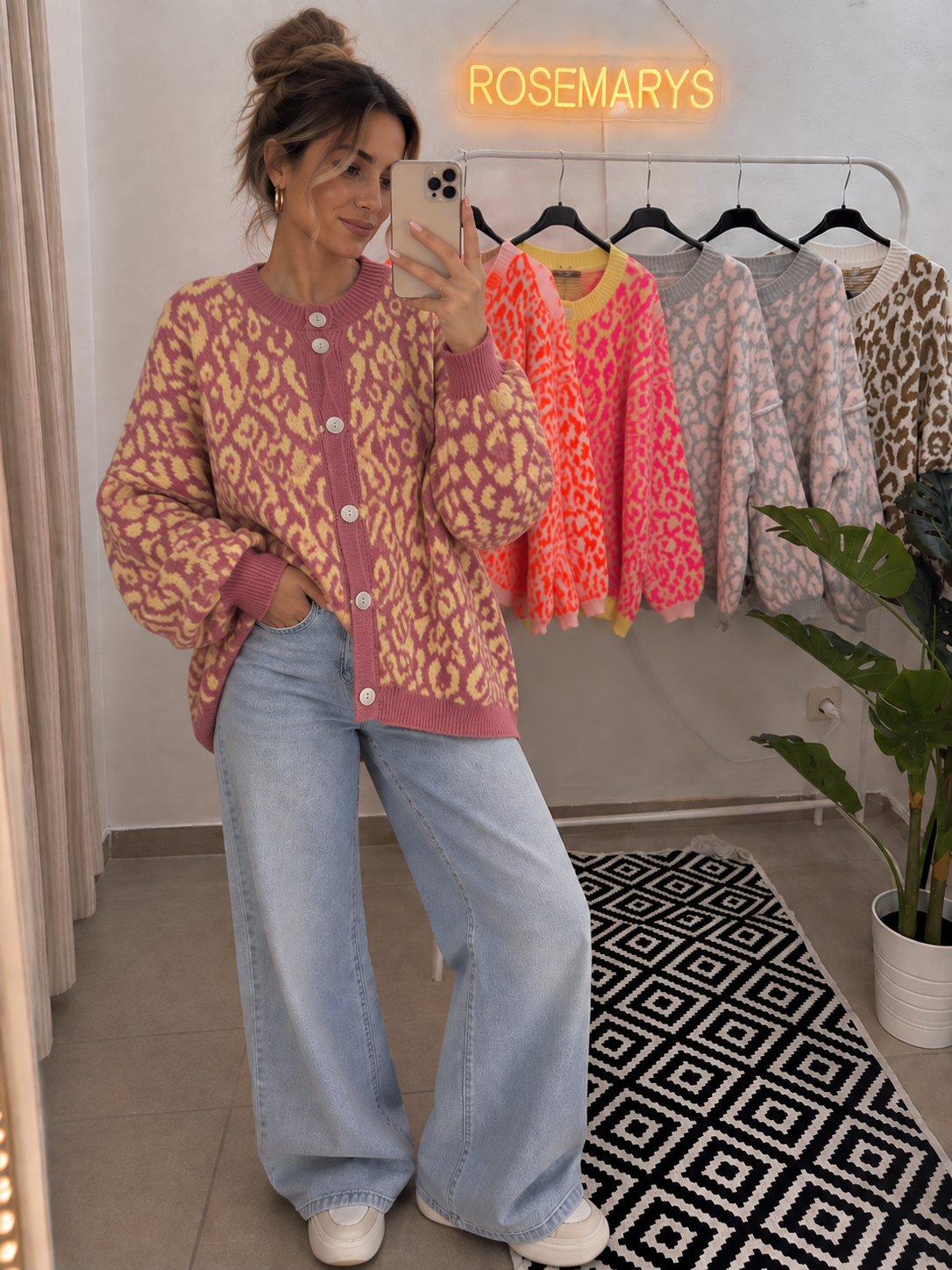 🐆 Oversize Leo Cardigan mit Perlmuttknöpfen - bis 46 tragbar