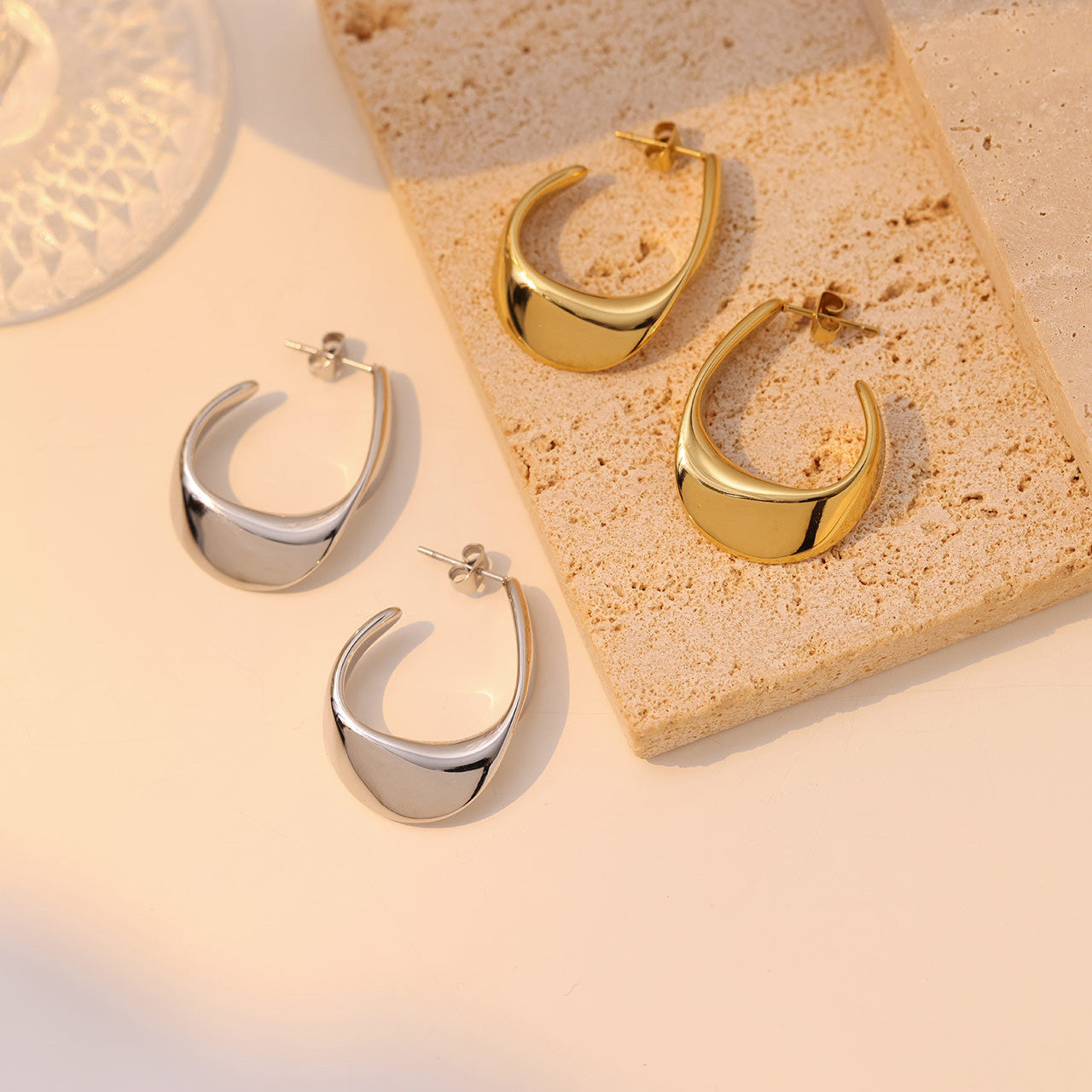 Ohrringe Creolen LUNA CURVED - Edelstahl + 18K Vergoldung