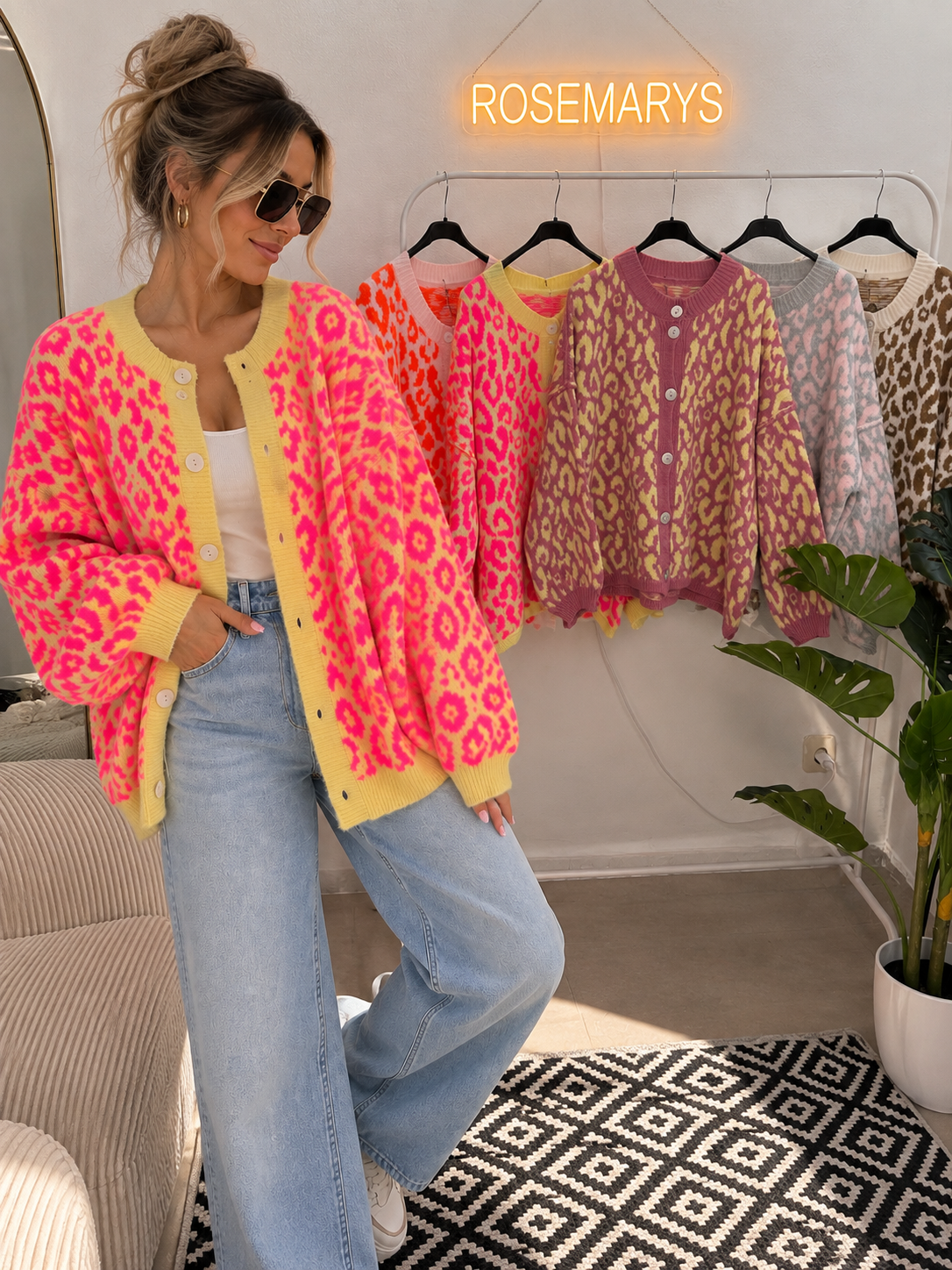 🐆 Oversize Leo Cardigan mit Perlmuttknöpfen - bis 46 tragbar