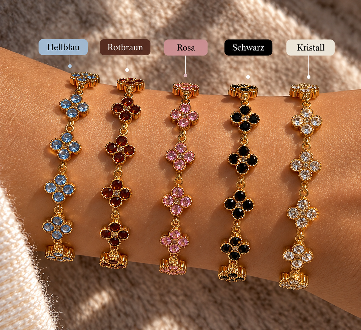 MINI CLOVER Glam Armband - Edelstahl + 18K Vergoldung - mit funkelnden Steinchen - mehrere Farben - wasserfest