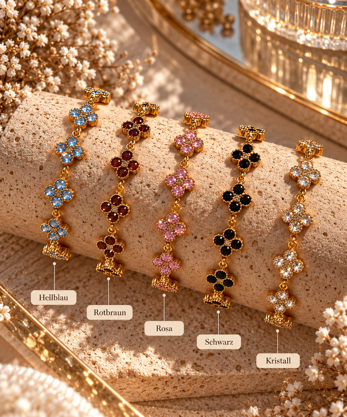 MINI CLOVER Glam Armband - Edelstahl + 18K Vergoldung - mit funkelnden Steinchen - mehrere Farben - wasserfest