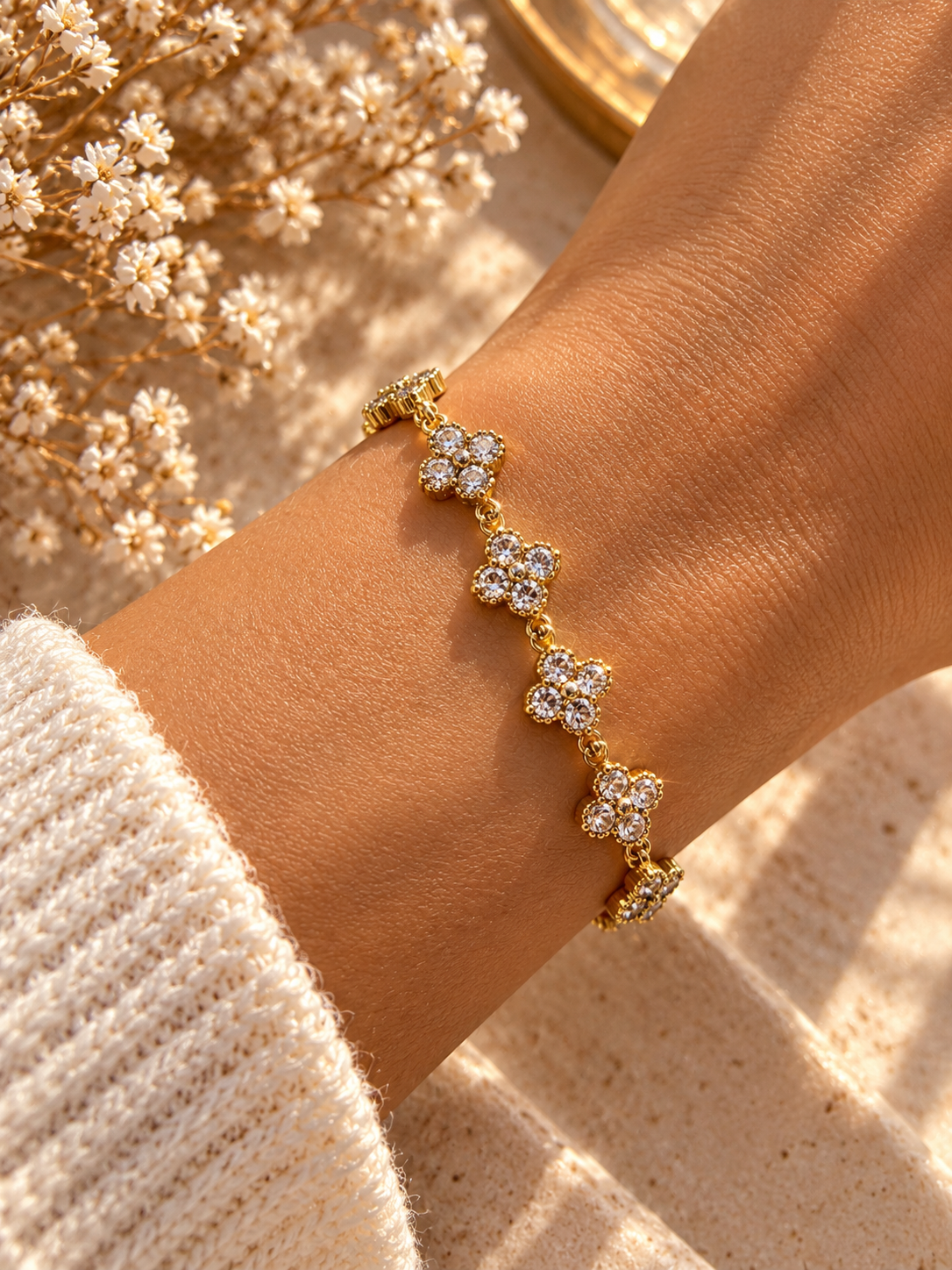 MINI CLOVER Glam Armband - Edelstahl + 18K Vergoldung - mit funkelnden Steinchen - mehrere Farben - wasserfest