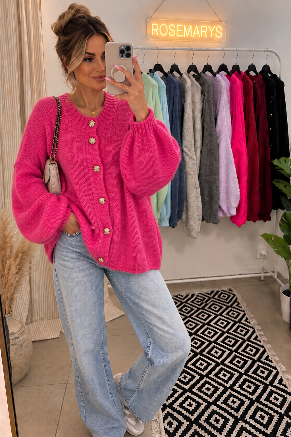 Oversize-Strickcardigan mit goldener Knopfleiste – MIDI SIZE - Passt bis 44/46