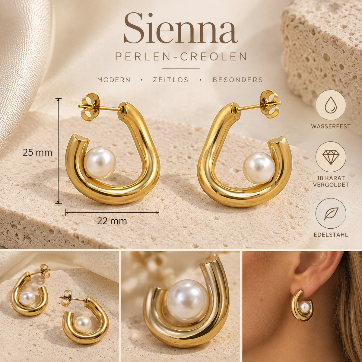 SIENNA Perlen-Creolen - in Silber und Gold - Edelstahl + 18K Vergoldung